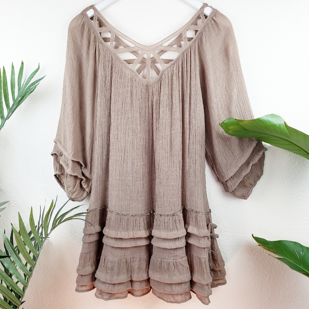 Umgee | Boho Ruffled Hem Mocha Flowy Dress Tunic S